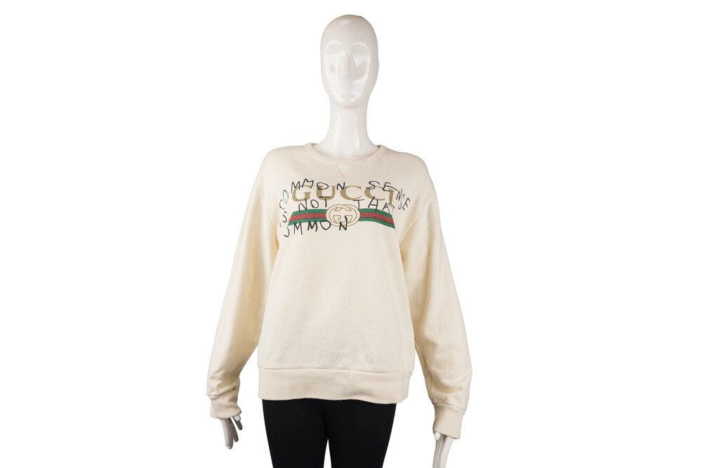Gucci Cream Common Sense Is Not That Common Logo Sweatshirt Cotton Fleece Size M